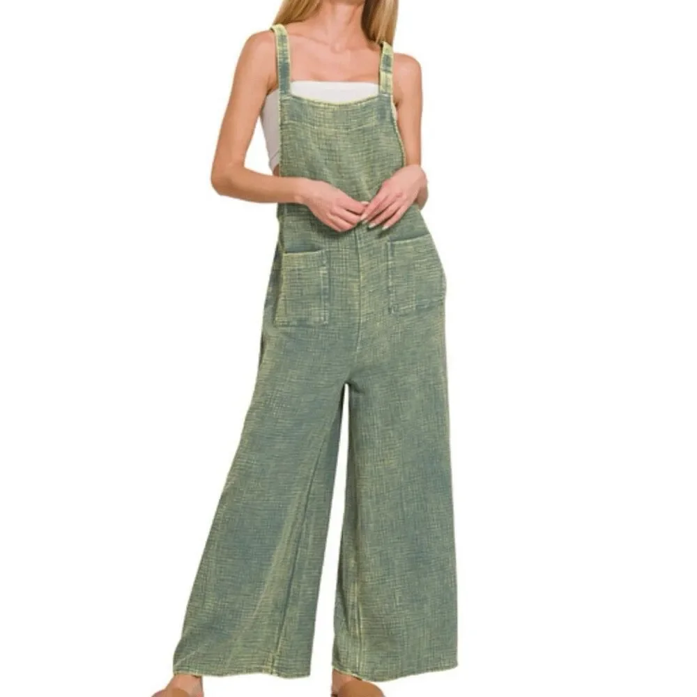 Zenana Green Double Gauze Cotton Wide Leg Overalls Jumpsuit Boho Medium NWT - Picture 2 of 9
